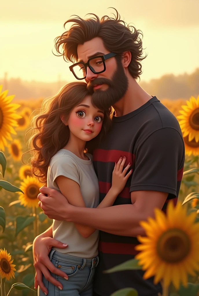 Generates an image of a teenage girl with shoulder length wavy light brown hair with big light brown eyes being hugged and watched by her big dad with uncombed dark brown hair wearing square glasses with a shaved beard and wearing a black and red thick vertical striped t-shirt in a field of sunflowers 