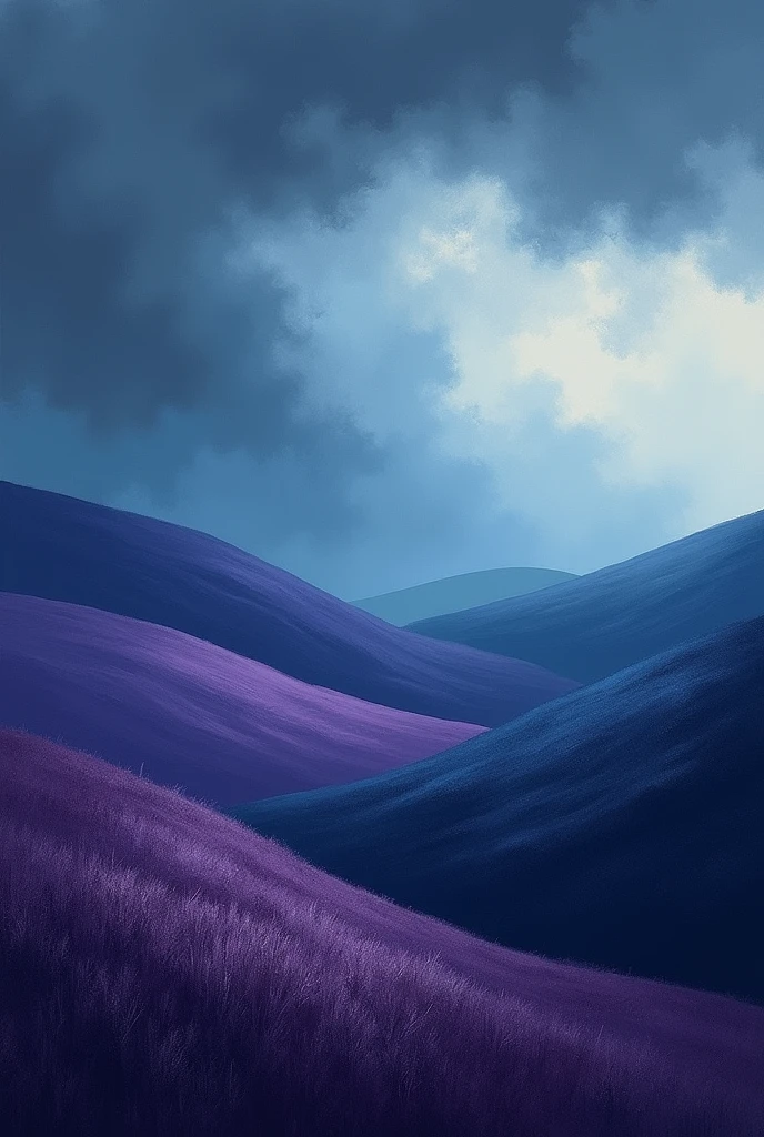 an abstract landscape that conveys a specific emotion, such as melancholy, euphoria, or nostalgia. There are purple and blue rolling hills and the sky is blue and grey with thunderous clouds, the lighting is sombre and morose