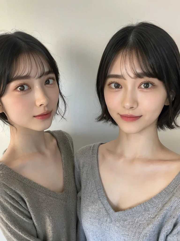 (masterpiece:1.3), (8k, Photoreal, Raw photo, best image quality: 1.4), Japanese high school girl、(random hairstyle:1.2)、cleavage:1.5、super detail face、eye for details、double eyelid、chest to chest、sharp focus:1.2、Beautiful woman:1.4、light brown hair、highest quality、masterpiece、超A high resolution、(Photoreal:1.4)、Highly detailed and professionally lit smiles、loose and light knitwear、shoulder out、thin、serious expression、short haired、deadly position
similar identical twins
All the girls have the exact same face, The two have the same face and figure, as if they were mirror images.