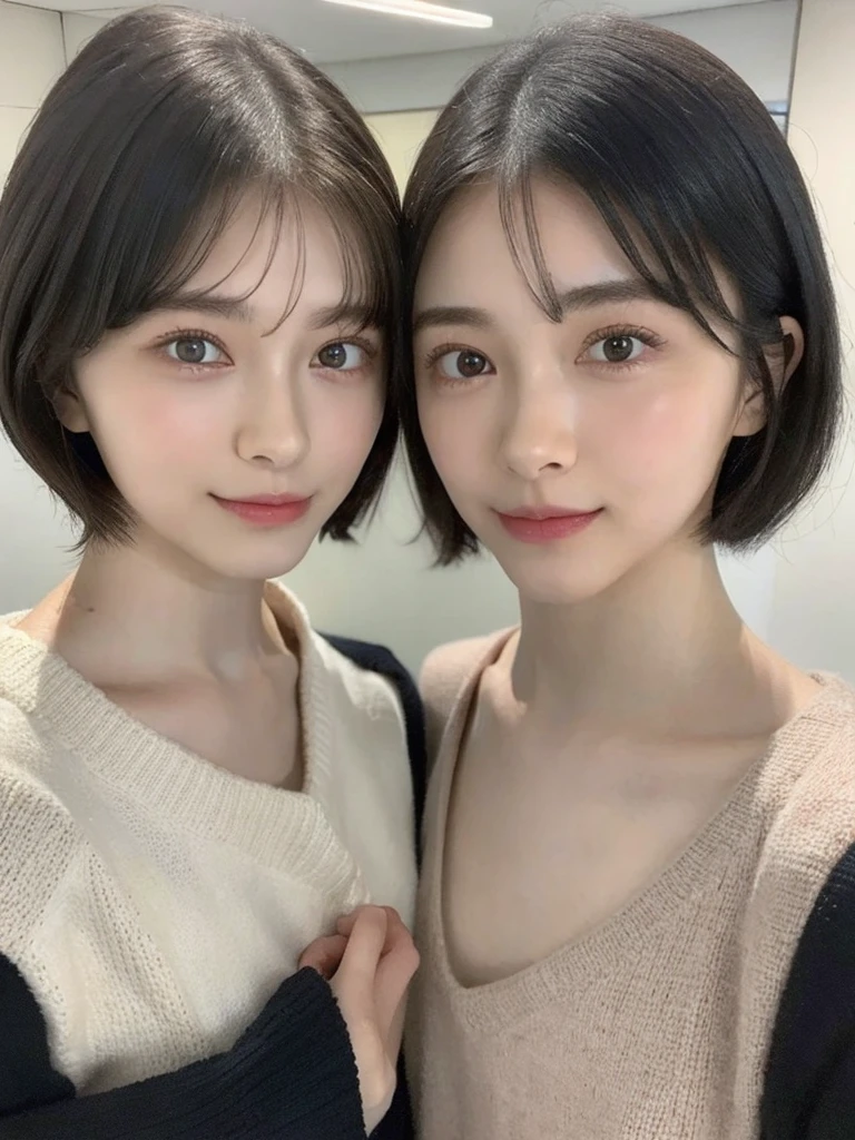 (masterpiece:1.3), (8k, Photoreal, Raw photo, best image quality: 1.4), Japanese high school girl、(random hairstyle:1.2)、cleavage:1.5、super detail face、eye for details、double eyelid、chest to chest、sharp focus:1.2、Beautiful woman:1.4、light brown hair、highest quality、masterpiece、超A high resolution、(Photoreal:1.4)、Highly detailed and professionally lit smiles、loose and light knitwear、shoulder out、thin、serious expression、short haired、deadly position
similar identical twins
All the girls have the exact same face, The two have the same face and figure, as if they were mirror images.