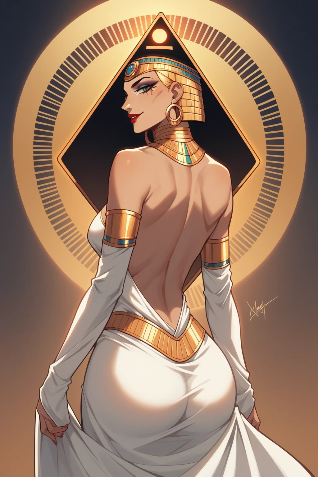 ultra realistic, Egyptian pyramid and river background , cleopatra milf, 38 year old, long decorated cleopatra dress, (back view), touch herself sensually, long dark weavy hair, red lips, sensual smile, medium breast, thick peachy ass, cleopatra jewlery, look at viewer, red sun light, 8k
