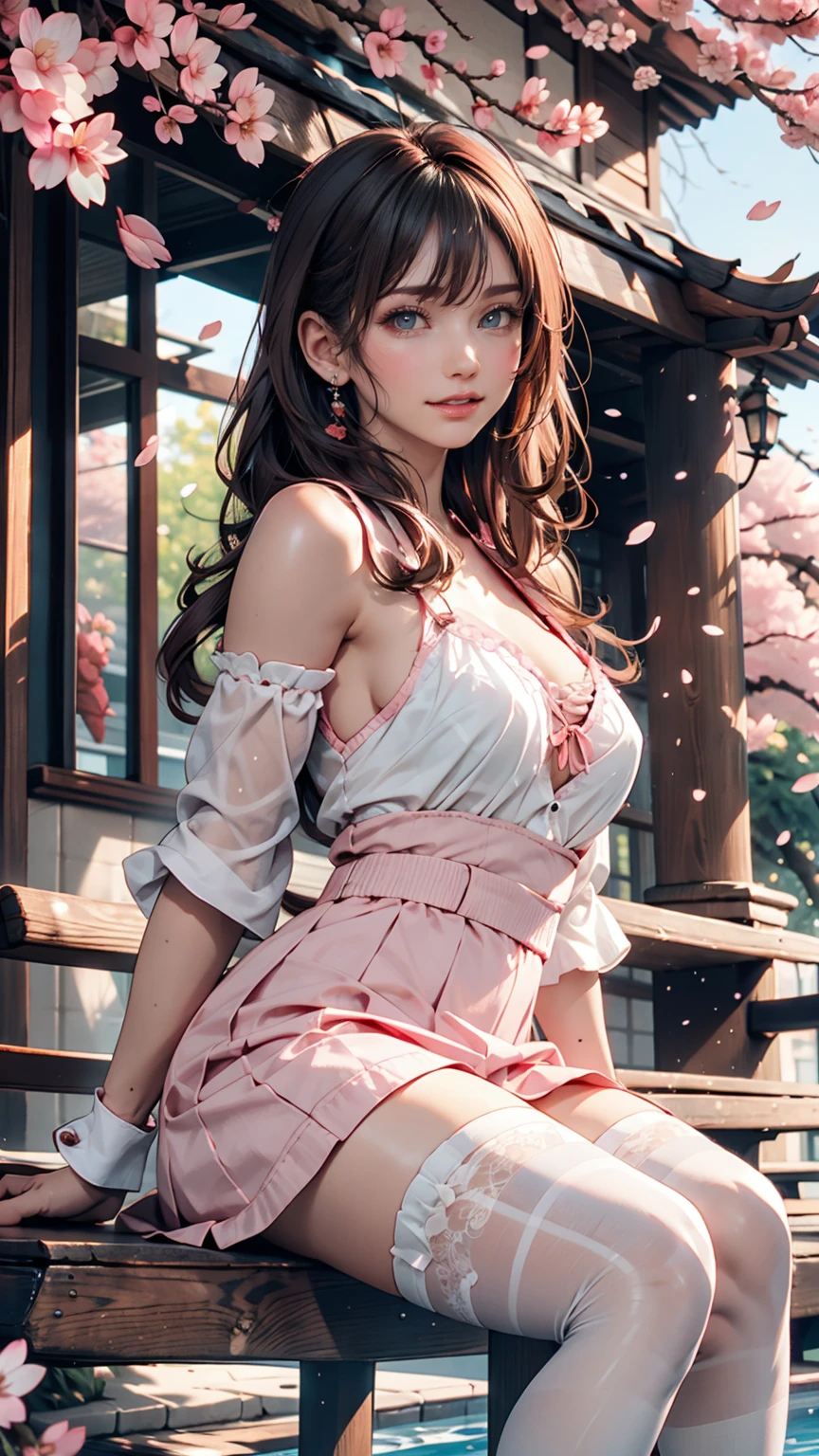 Sakura, Upper Body, smile, blush, Sitting, ((cherry blossoms)), ((Pink sleeves)), Pink Tone, ((Pink Stockings)), Pink Sky, sunset, lake, reflection
