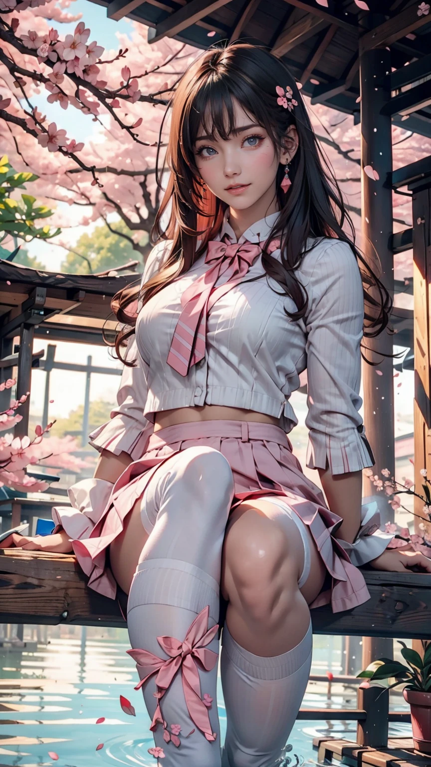 Sakura, Upper Body, smile, blush, Sitting, ((cherry blossoms)), ((Pink sleeves)), Pink Tone, ((Pink Stockings)), Pink Sky, sunset, lake, reflection