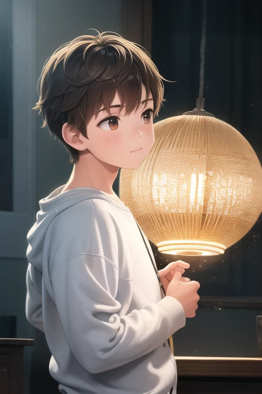 light particles, soft lighting, volumetric lighting, intricate details, finely detailed, backlighting, boy enjoying piece while listening music