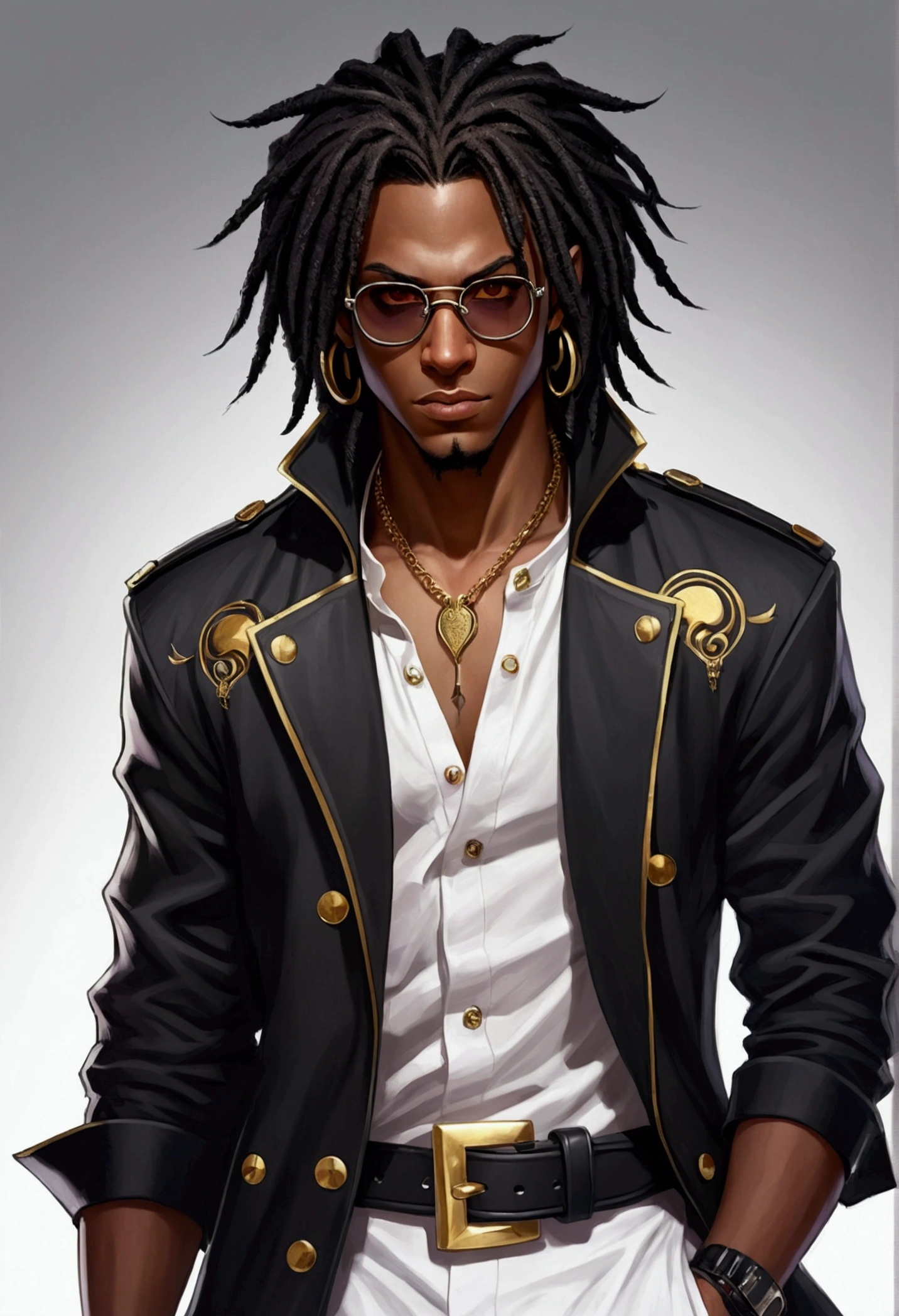 Dark-skinned young man with brown eyes and a black jacket., Black dreadlocks, Black glasses, Hairstyle with dreadlocks and Black demonic horns , in human style, colorful sketch, unrealistic character concept, Conceptual portrait of my character, подробный character portrait, anime style character, anime style portrait, character portrait, cel - shaded art style, Her outfit consists of black, unbuttoned jacket with gold buttons on the front and bottom of the sleeves, he wears a white V-neck shirt., White pants, large black belt with gold buckle, smaller black belt, hanging from the side of her hip, and he&#39;s wearing beige shoes with black buckles, вдохновение King of Fighters