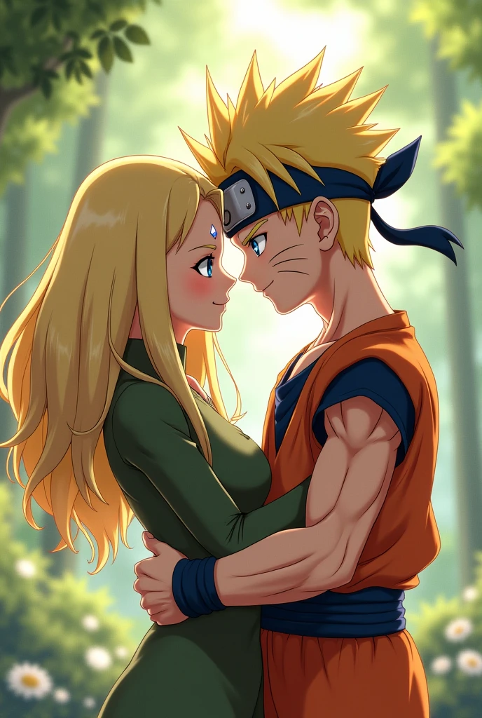 Lady tsunade (Naruto Shippuden) a small mark on the subfront,Couples,son goku(dragon ball Z),hugged,flirtatious.