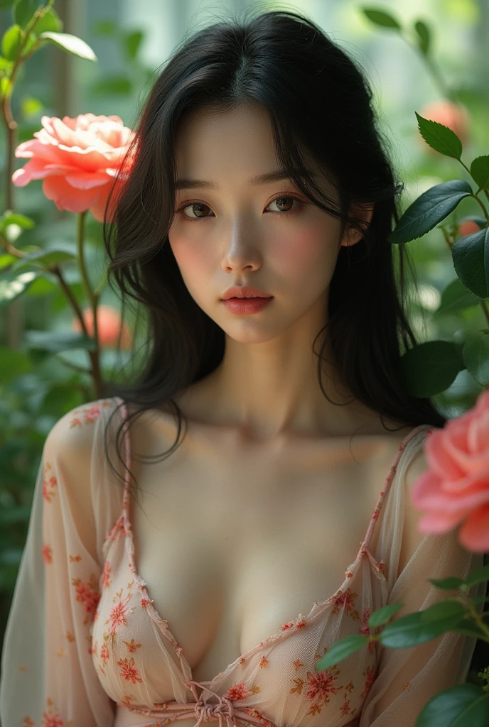 In a lush indoor garden、A Japanese woman is wearing a floral sheer top、A close-up of her breasts and soft flowers in the background、Creating harmony between nature and beauty。