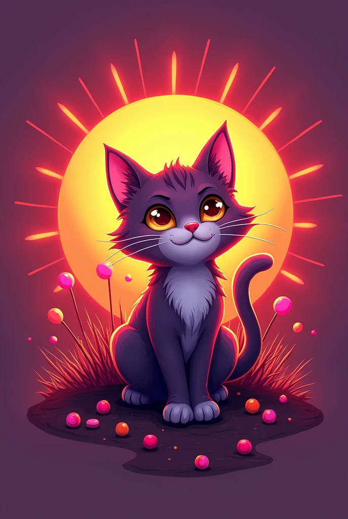 Generate the logo for a candy company . Let it be a cat and a sun as the central element, use a color palette that is only of these two colors: red and purple.