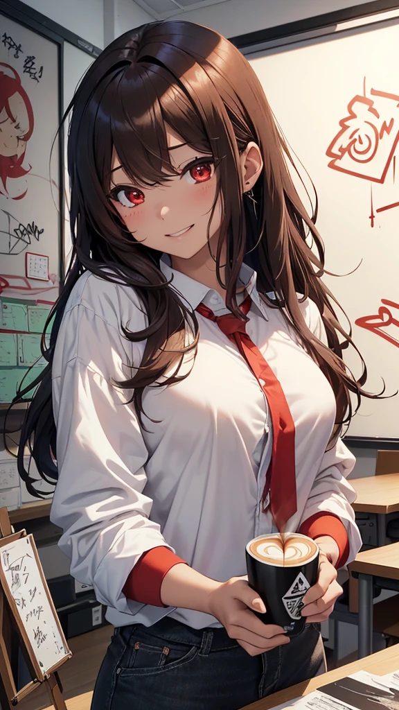 最high quality、Best image quality、masterpiece、girl((20-year-old、 By becoming、Best Bust、Medium Bust,Wide open breast tea、red glowing eyes, Black and red hair、Disheveled Hair、Long Hair、thin,The highest valley、White overshirt、Open chest、White wristband、smile、Leaning forward、hair ornaments、Side angle、Lointail、Brown skin)),high quality、Beautiful art、background((Modern Office、Coffee cup、line of light、Whiteboard、graffiti))、Flight、Flying debris、Written boundary depth、movie、Visual Arts、Perfect art、8K,Genuine、