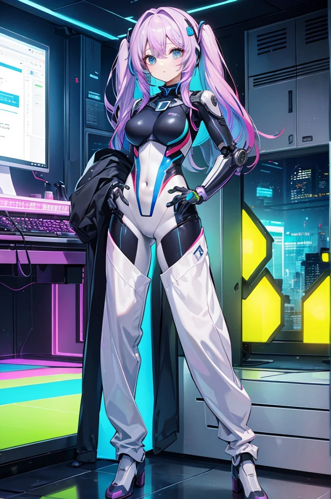 ((robot girl)), solo, (((fitting suit, colorful hair))), cool, computer room