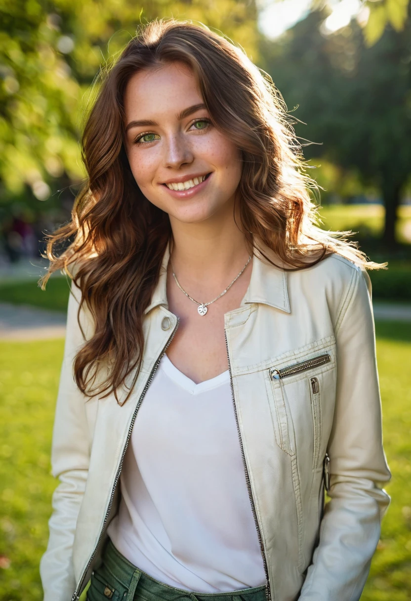 A beautiful 24-year-old woman with medium-length, wavy chestnut brown hair and deep green eyes. She is strolling through a vibrant city park at golden hour, wearing fitted jeans, a white blouse, and a light leather jacket. Her fair complexion is highlighted by light freckles, and she wears a simple silver necklace with a small pendant. The warm sunlight catches her hair, giving her a radiant and confident look as she smiles softly, with trees and flowers in the background.
