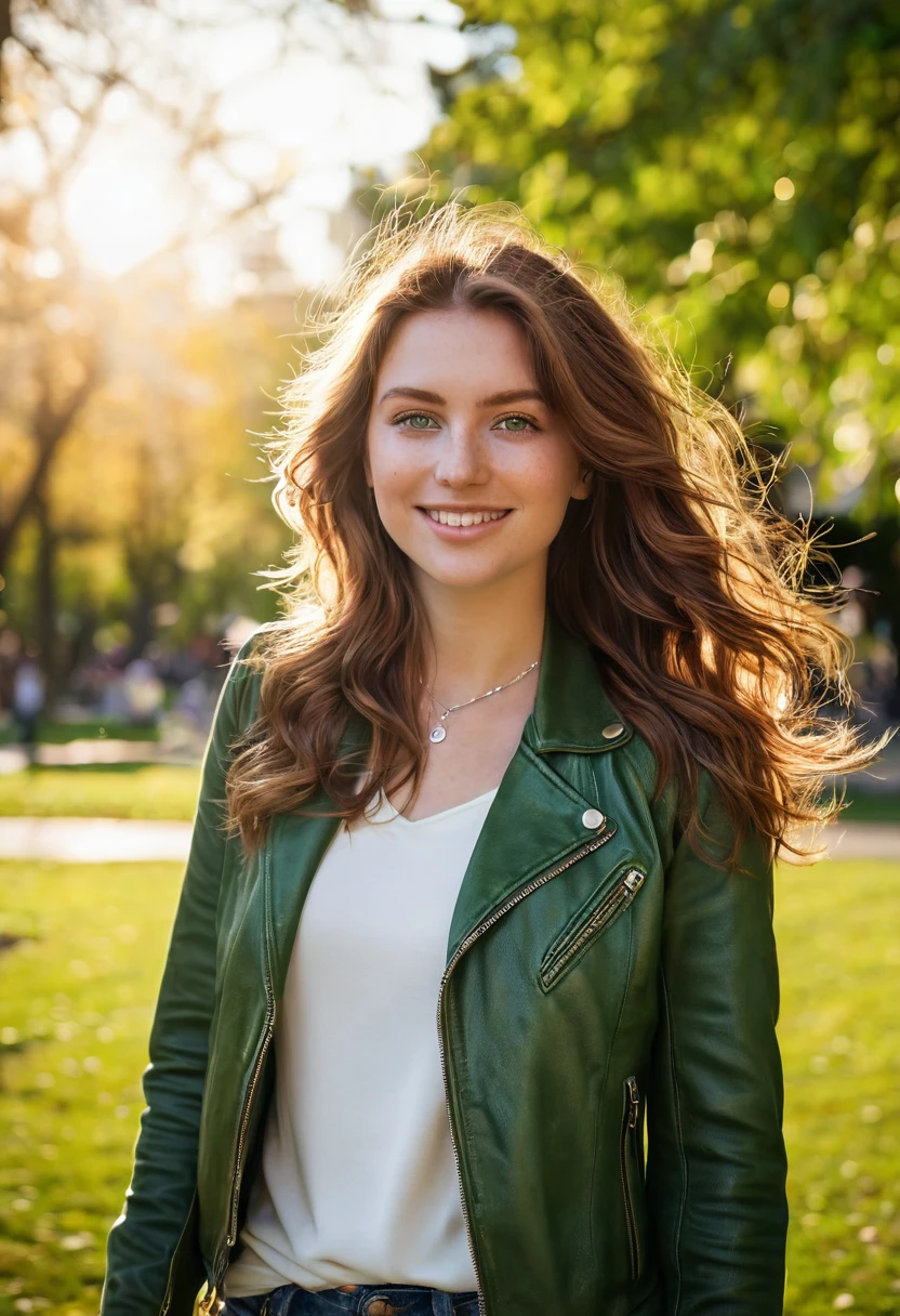 A beautiful 24-year-old woman with medium-length, wavy chestnut brown hair and deep green eyes. She is strolling through a vibrant city park at golden hour, wearing fitted jeans, a white blouse, and a light leather jacket. Her fair complexion is highlighted by light freckles, and she wears a simple silver necklace with a small pendant. The warm sunlight catches her hair, giving her a radiant and confident look as she smiles softly, with trees and flowers in the background.