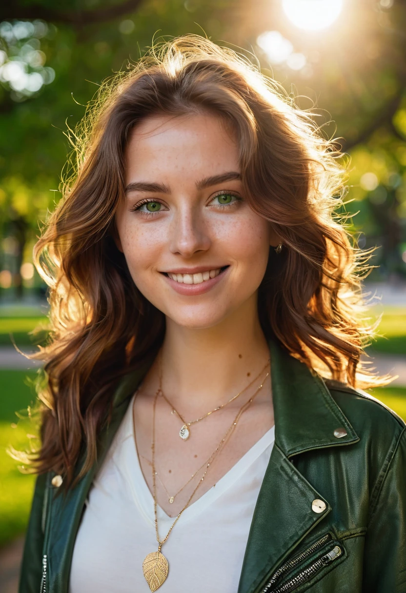 A beautiful 24-year-old woman with medium-length, wavy chestnut brown hair and deep green eyes. She is strolling through a vibrant city park at golden hour, wearing fitted jeans, a white blouse, and a light leather jacket. Her fair complexion is highlighted by light freckles, and she wears a simple silver necklace with a small pendant. The warm sunlight catches her hair, giving her a radiant and confident look as she smiles softly, with trees and flowers in the background.
