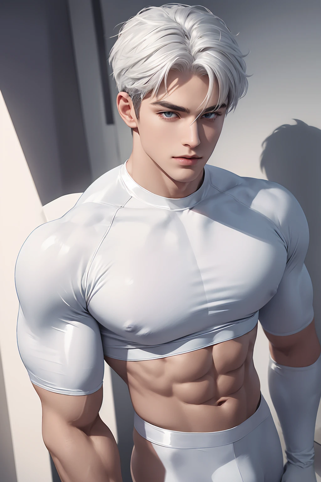 Ultra wide angle,Full body photorealistic 4k, high resolution, best quality, masterpiece, perfect color, perfect shade, perfect lighting, Posted by e621, ((portrait)), ((handsome man)), perfect male figure, Short hair details,chest muscles,abdominal muscles,wearing white and silver tight fit latex spandex and gloves,Detailed face, perfect face, (stood up), Detailed background, ((Bonifasco Lighting)), (delicate eyes),),white hair