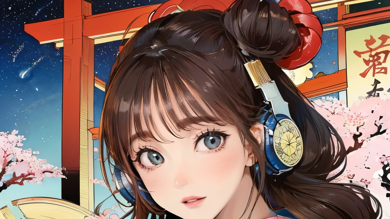 (Highest quality, 8k, masterpiece, High resolution), (whole body), Vibrant colors, (headphones, wearing headphones), Brown-black bob, Traditional topknot, Ample breasts, (Highly detailed face and eyes, Beautiful Face, Beautiful Eyes, Beautiful nose, Pretty lips), Official Art, Ukiyo-e style, (Beautiful woman in kimono), (Vivid floral patterned kimono), background, river, bridge, Mountain, wood, Starry Sky, moon, plum, Lantern,