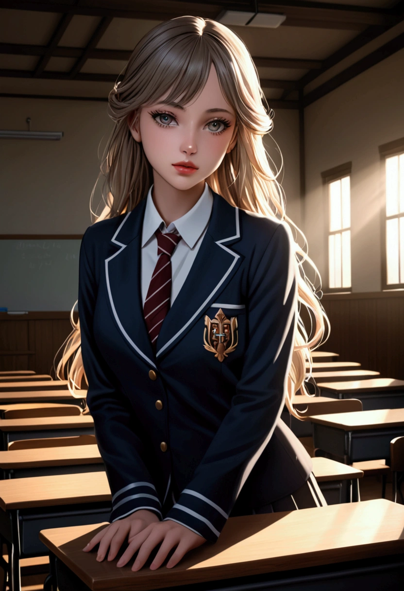 a beautiful young female student, detailed facial features, long eyelashes, detailed lips, beautiful eyes, detailed face, sensual pose, professor, school uniform, classroom setting, cinematic lighting, photorealistic, masterpiece, 8k, ultra-detailed, dramatic composition, chiaroscuro lighting, cinematic atmosphere, erotic, intimate, elegant, y estudiante le chupa el pene