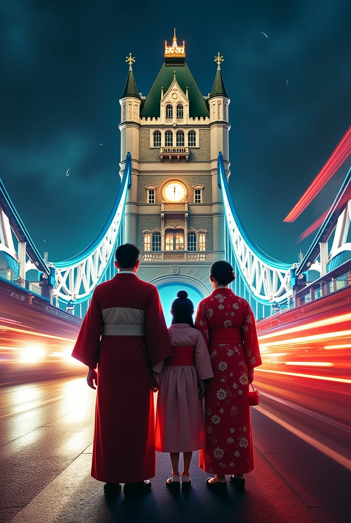 A Japan biggest beautiful family stand front of the famous London bridge at night cars moving around art illusion