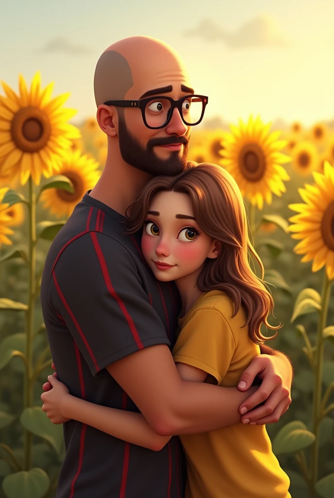 Generates an image of a age girl with shoulder length wavy light brown hair with big light brown eyes being hugged and watched by her big dad with dark brown shaved hair wearing square glasses with a shaved beard and wearing a black and red thick vertical striped t-shirt in a field of sunflowers