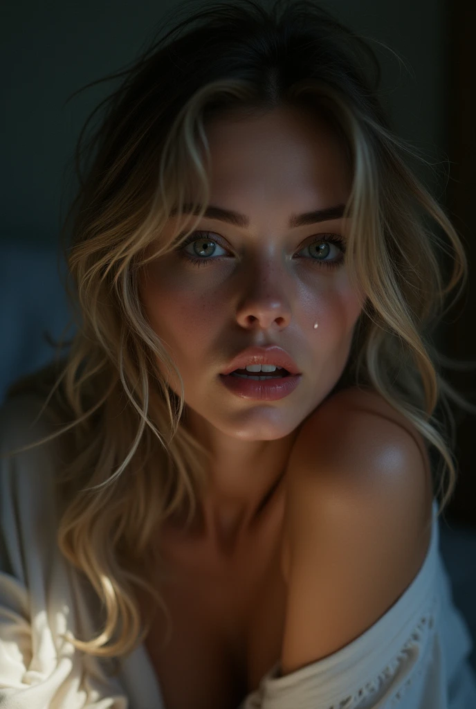 nsfw,((NUDE)),{{{masterpiece}}},{{{{{official art}}}}},{{{high quality}}},{{{best quality}}},{{{{8k_wallpaper}}}},{{{{extremely detailed eyes}}}},{{{{extremely detailed body}}}},{{{{extremely detailed finger}}}},1beautiful woman, light blown hair, ponytail,hair over one eye,Embarrassing,A pure and beautiful woman,Are sexually aroused, Inability to control desire,Tears overflow, bedroom, midnight,