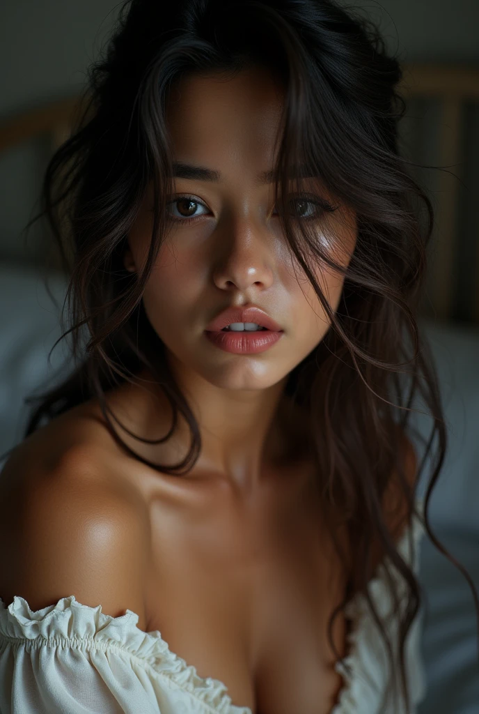 nsfw,((NUDE)),{{{masterpiece}}},{{{{{official art}}}}},{{{high quality}}},{{{best quality}}},{{{{8k_wallpaper}}}},{{{{extremely detailed eyes}}}},{{{{extremely detailed body}}}},{{{{extremely detailed finger}}}},1beautiful woman, light blown hair, ponytail,hair over one eye,Embarrassing,A pure and beautiful woman,Are sexually aroused, Inability to control desire,Tears overflow, bedroom, midnight,