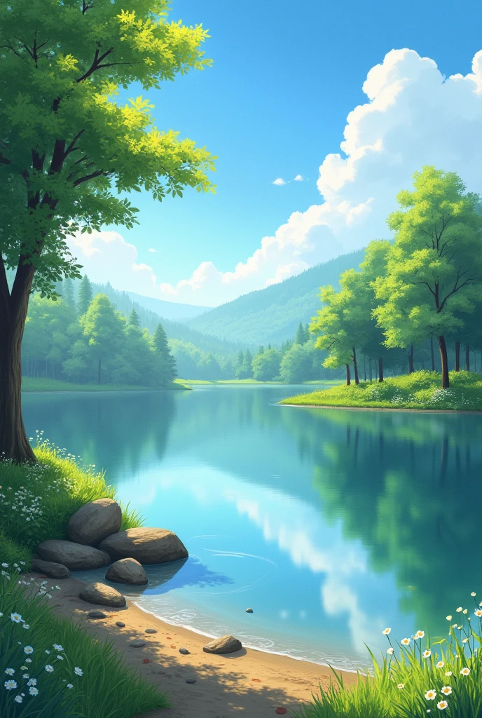 Lakeside bathed in soft sunlight、I can see the forest on the other side of the lake、A quiet and deserted lake、In an open area、The lake is inspired by the home of Lancelot from Arthurian legend.、A lake that feels almost mystical、There are no trees in front、The lake shore is made of soft grass and soil.、A little anime-like drawing、The foreground is open、There is nothing blocking the view in the foreground、