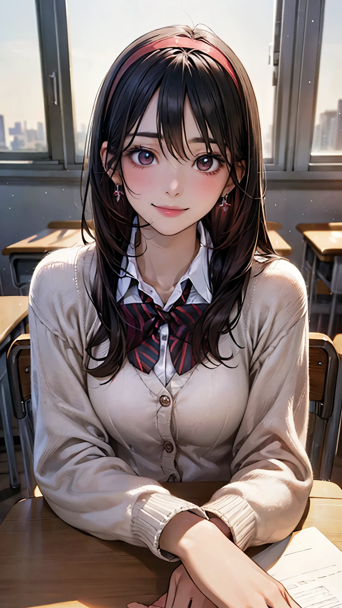 (masterpiece:1.2, highest quality), (realistic photo:1.4), beautiful illustrations, (natural side lighting, movie lighting), 
looking at the viewer, (((pov across table))), 1 girl, japanese, high school girl, perfect face, cute symmetrical face, shiny skin, , 
(long hair, straight hair, black hair), hair between eyes, maroon eye idol chest, seductive thighs, big ass), earrings, break (dark red hairband, dark red flat bow tie), break
beautiful hair, beautiful face, detailed and beautiful eyes, beautiful clavicle, beautiful body, beautiful breasts, beautiful thighs, beautiful feet, beautiful fingers, slender, 
(white collared shirt, long sleeve pink knit cardigan, black pleated mini skirt, ), 
(beautiful scenery), evening, (school classroom:1.2), (school desk, elbows on table), (cute smile, upper eye)