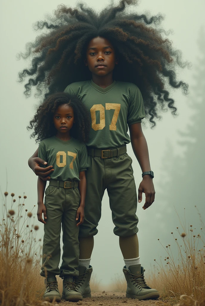 Boy with extreme curly hair, 7 feet tall and fair skin (a footballer with no.07 jersey)with his sister who is 5'6 feel tall, long wavy hair and medium brown skin (a Indian soldier with long pants)
