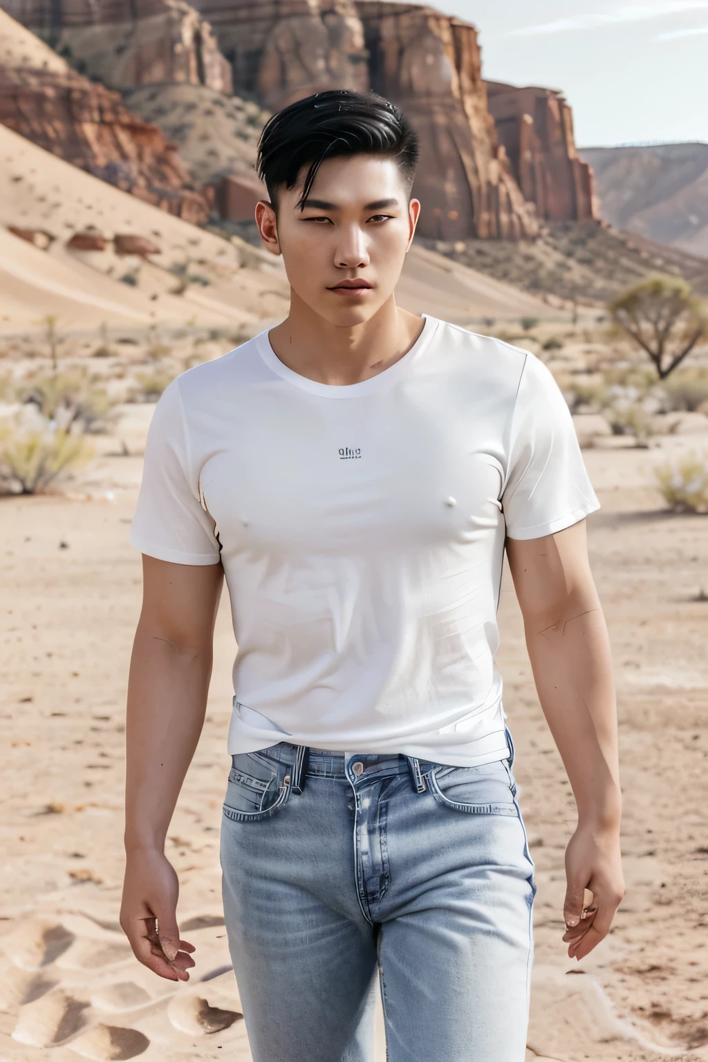 Korean man 20 years old, handsome, muscle, golden ratio face, black undercut hair, wearing white tshirt and jeans, walking in the desert of west Australia, a hand, realistic