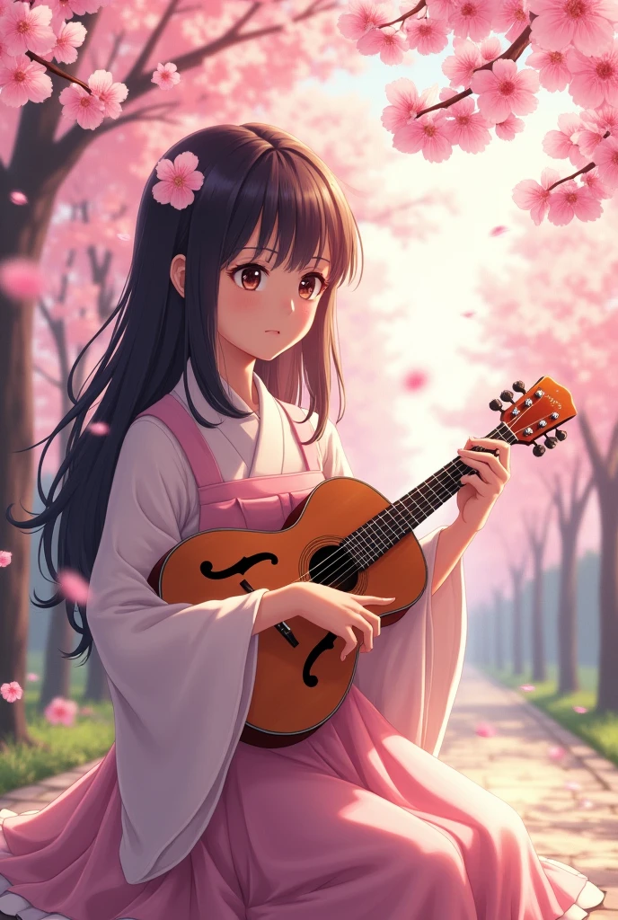 Under the cherry blossom trees、A Japanese high school girl is playing the mandolin。The sunlight is shining all around.、very calm atmosphere。
