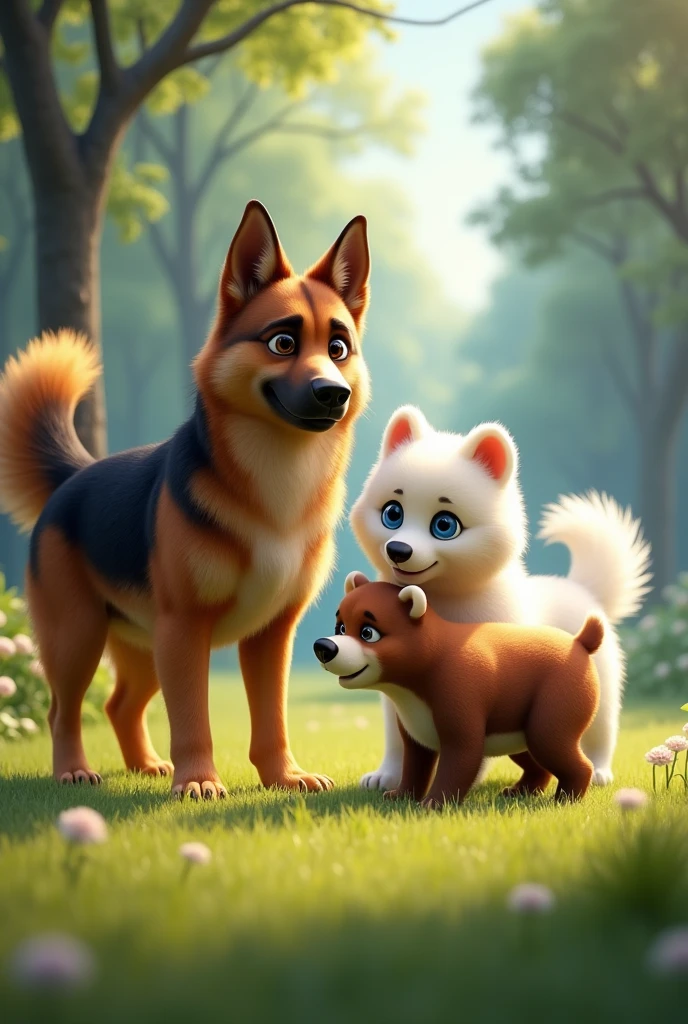 German shepherd dog and white Samoyed blue eyes dog s and the  bear brown colour cub play together in a grassy clearing. German shepherd dog playfully nudges the cub white Samoyed blue eyes dog wags her tail, and the cub looks joyful as they all run around.