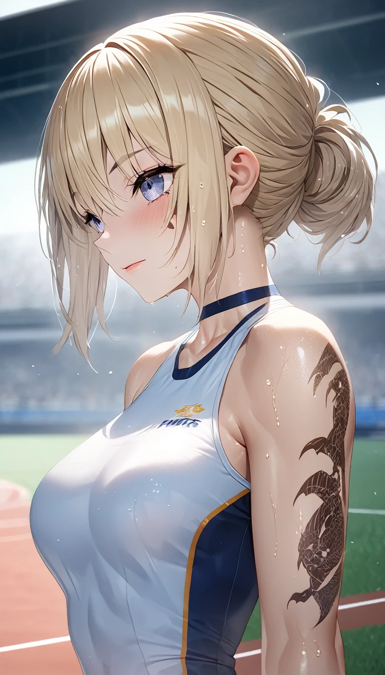 female track and field athlete, blonde up-hair, make-up, amorous and lewd face, superlative body proportion, covered in tattoos, track and field uniform, abs, warming up, shading effects, gradation magic effects, foggy filter effects, glitter effects, (ultra detailed, absolutely resolution, best quality:1.3), 2.5D, delicate and dynamic, artistic photography, hyper realistic, graphic CG digital art