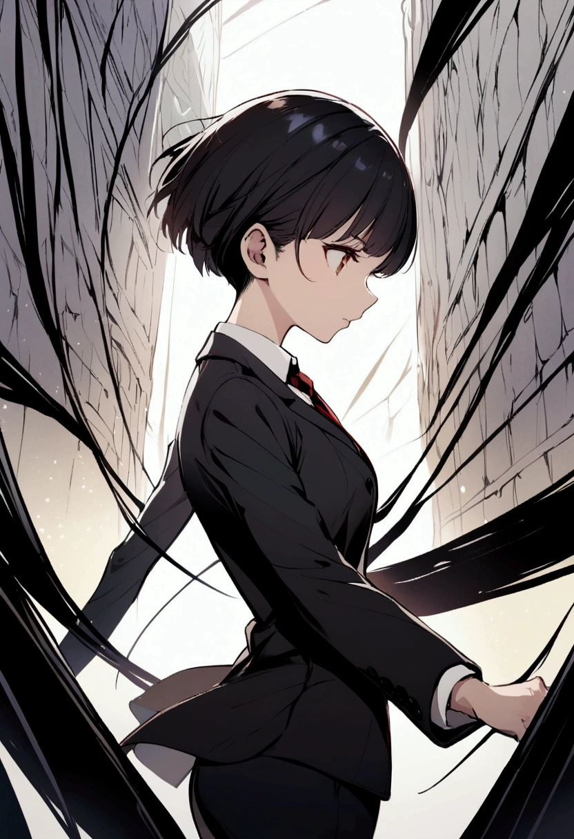 slender,young girl,pixie cut,black hair,suit