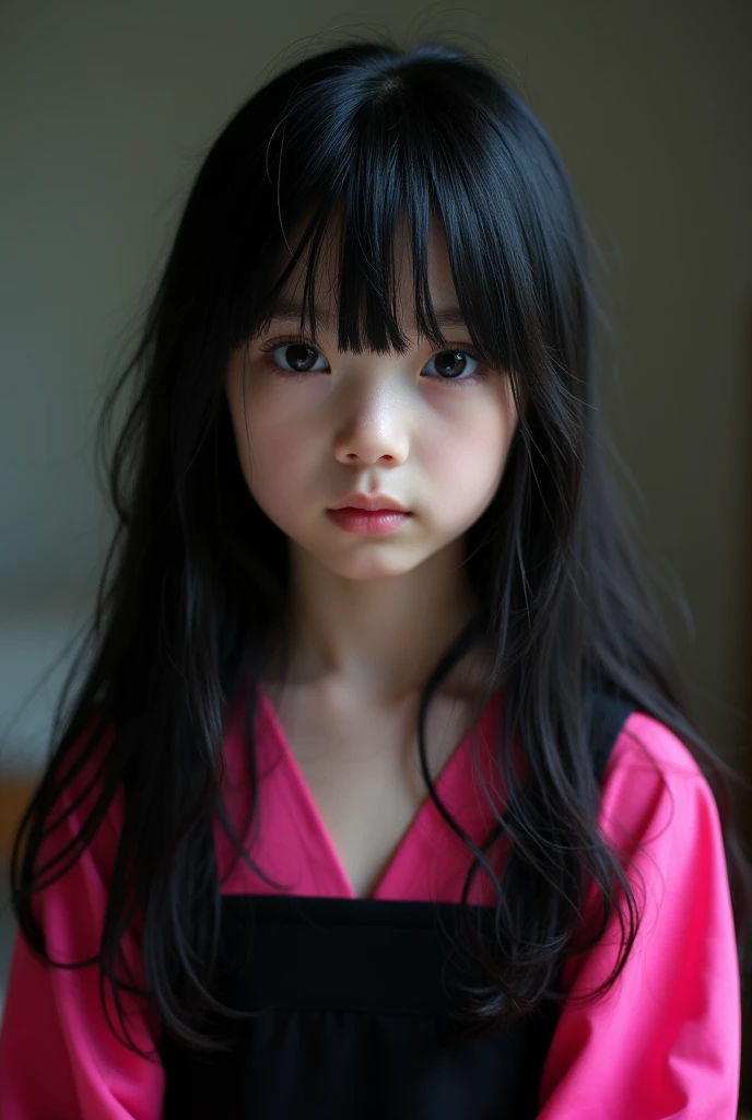  girl with long black hair, japanese, heterochromatic eyes, pale skin, flat chest, in a black dress paired with a bright pink blouse, with a more elegant and sophisticated touch, something, which corresponds to her mysterious and strong personality. General, her appearance would be striking, attracting curious and intrigued glances, flat chested, cinematic lighting, chromatic aberration, Backlight, masterpiece, high detail, high quality, 4K.