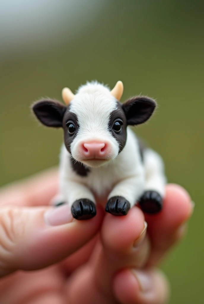 There is a small dairy cow sitting in a person's hand, a miniature dairy cow, a miniature animal, sitting on a finger, cute and cute, cute and cute, cute kitty, cute dairy cow, the photo is very realistic, very small, Picture of a beautiful dairy cow, just a neat little thing, cute little nose, beautiful and cute, beautiful creature, pretty cute, very detailed photos.