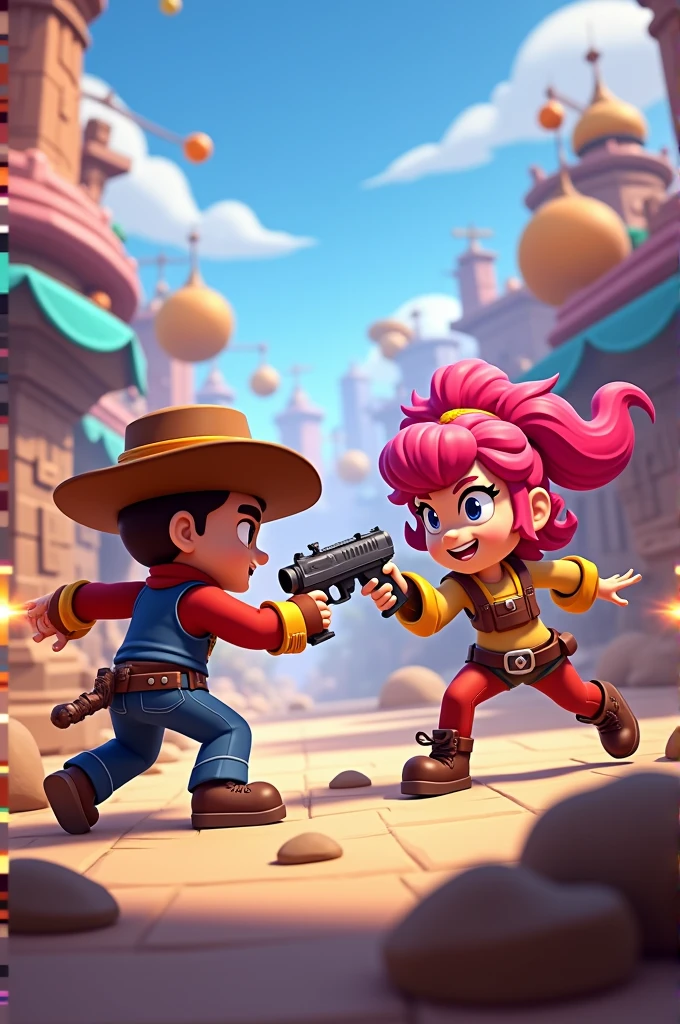 Colt from Brawl stars fighting with Shelly from Brawl stars while Colette from Brawl stars watches them