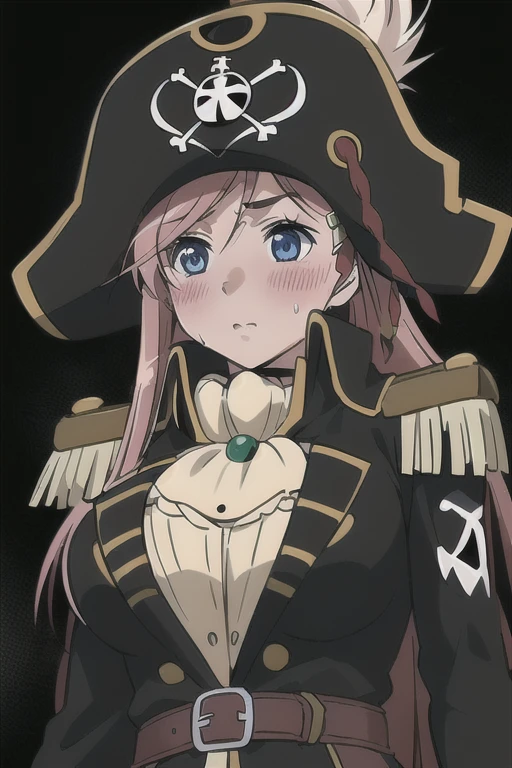 masterpiece, best quality, 1girl, detailed face and eyes, , cleavage, Kika, (black pirate costume), long coat, belt, (black cargo pants), (black pirate hat), aroused facial expression, blush, sweat, (simple dark background), view from below