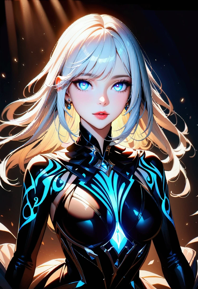 a beautiful girl with short white hair, piercing blue eyes, cinematic lighting, intricate details, glowing skin, 1girl, beautiful detailed eyes, beautiful detailed lips, flawless skin, high quality, 8k, ultra-detailed, HDR, studio lighting, vivid colors, cinematic lighting, fantasy, digital painting