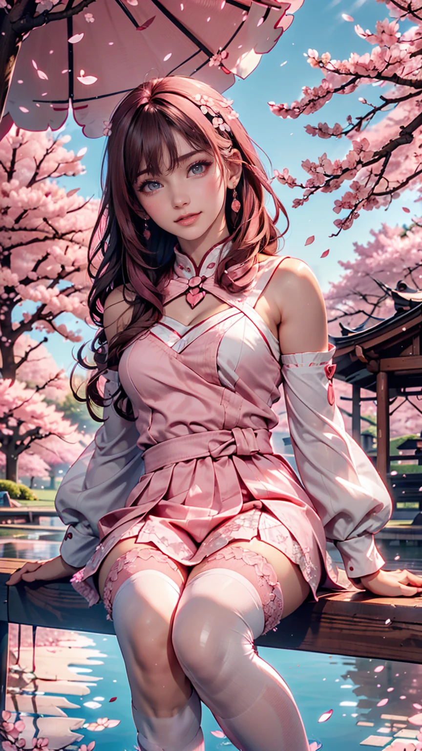 Sakura, Upper Body, smile, blush, Sitting, ((cherry blossoms)), ((Pink sleeves)), Pink Tone, ((Pink Stockings)), Pink Sky, sunset, lake, reflection