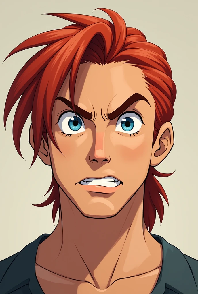 A red-haired man with medium-long and tied hair, blue eyes and marked featuresñ, animeted