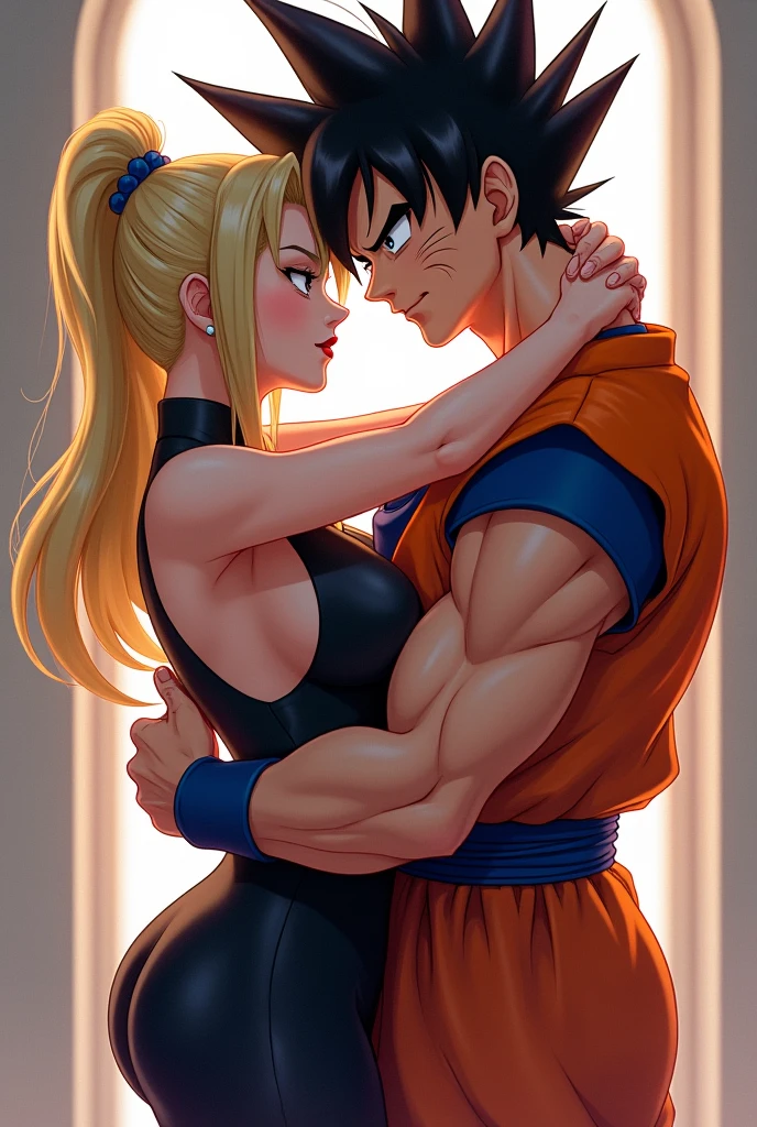 Lady tsunade (Naruto Shippuden)Couples,son goku(dragon ball Z),hugged,flirtatious. staring at the viewer