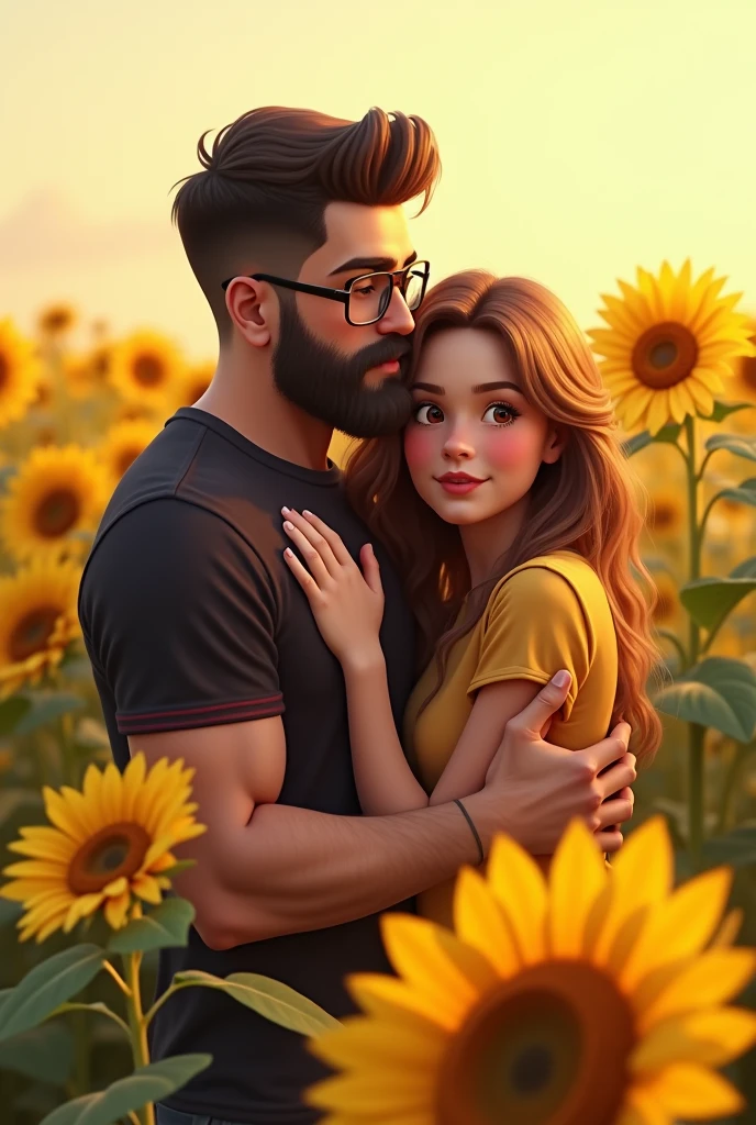 Generates an image of a teenage girl with shoulder length wavy light brown hair with big light brown eyes being hugged and watched by her big dad with short dark brown hair wearing square glasses with a shaved beard and a black and red thick vertical striped t-shirt in a field of sunflowers 