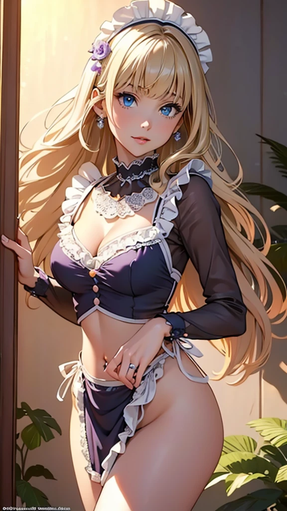 (Realistic:1.4), (Masterpiece, Sidelight,: 1.2), Masterpiece, Very detailed and fine beautiful eyes, Very beautiful face, Portrait, Realistic, 3D face, Glowing Blue eyes, Glowing hair, Glowing skin, Alone, Very large breasts, Embarrassed, (midriff), Purple very fine lace sheer thong, Gorgeous maid dress, Blonde, Long sleeves, Long hair, Angle from below, Aquamarine, Jewel Room