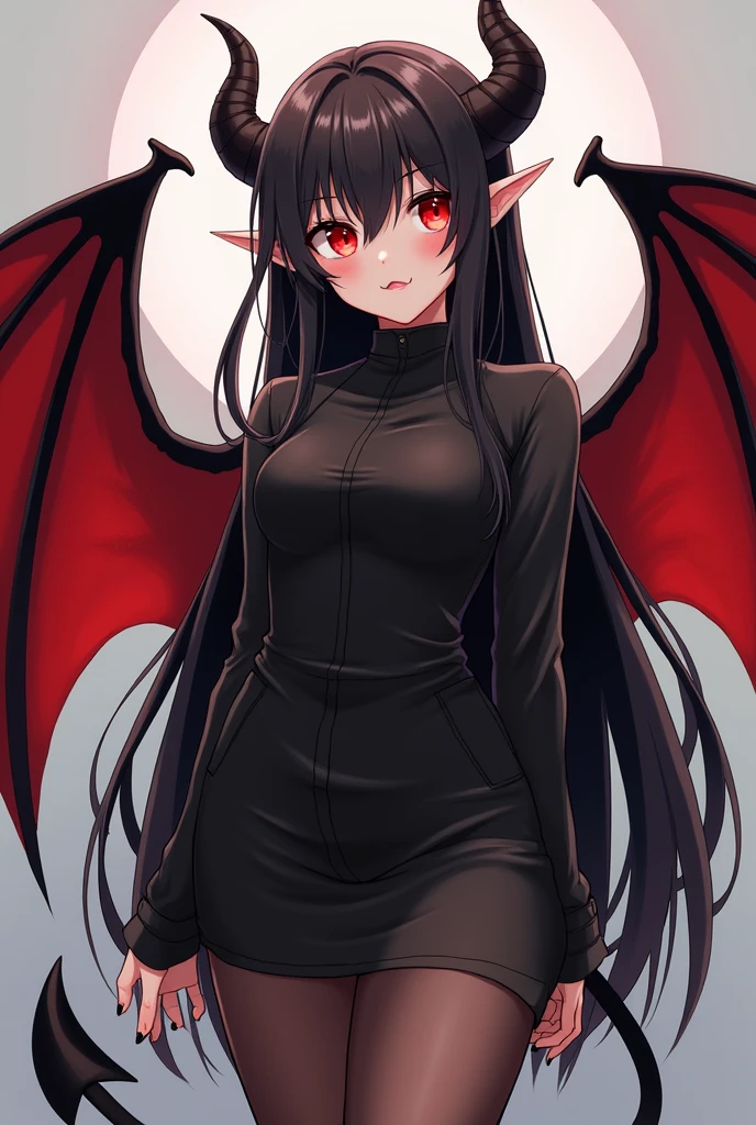 Girl demon, black Horns, Black and Long Hair, Straight hair, Red Eyes, black devil's tail, anime version, full body, black clothes, slim, black wings