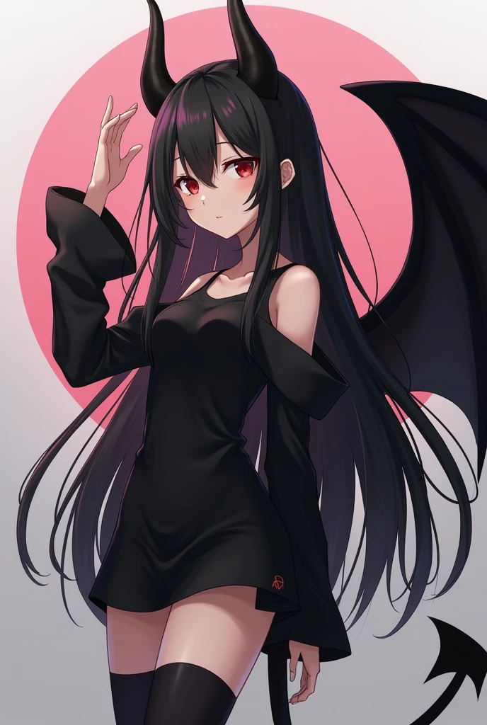 Girl demon, black Horns, Black and Long Hair, Straight hair, Red Eyes, black devil's tail, anime version, full body, black clothes, slim, black wings