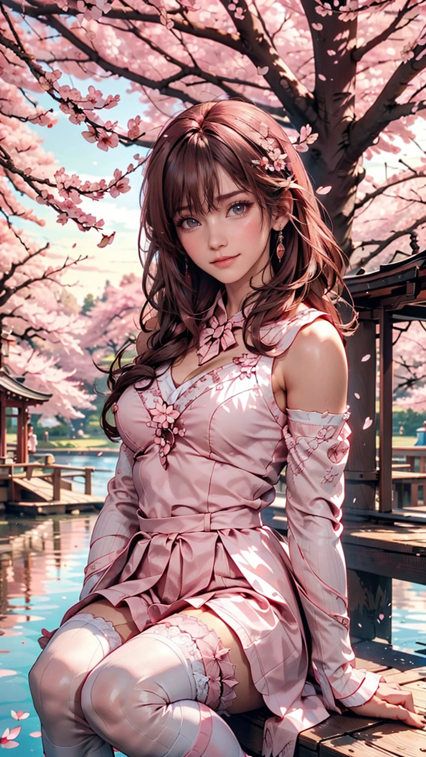 Sakura, Upper Body, smile, blush, Sitting, ((cherry blossoms)), ((Pink sleeves)), Pink Tone, ((Pink Stockings)), Pink Sky, sunset, lake, reflection