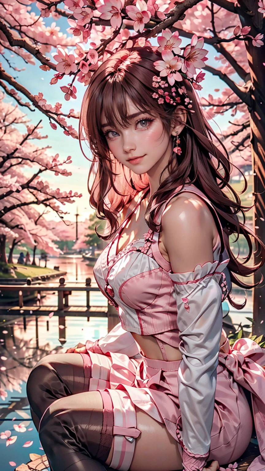 Sakura, Upper Body, smile, blush, Sitting, ((cherry blossoms)), ((Pink sleeves)), Pink Tone, ((Pink Stockings)), Pink Sky, sunset, lake, reflection
