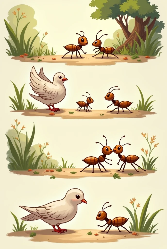 Generate 4 Sketch pictures of image portraying complete story of dove and ant helping each other