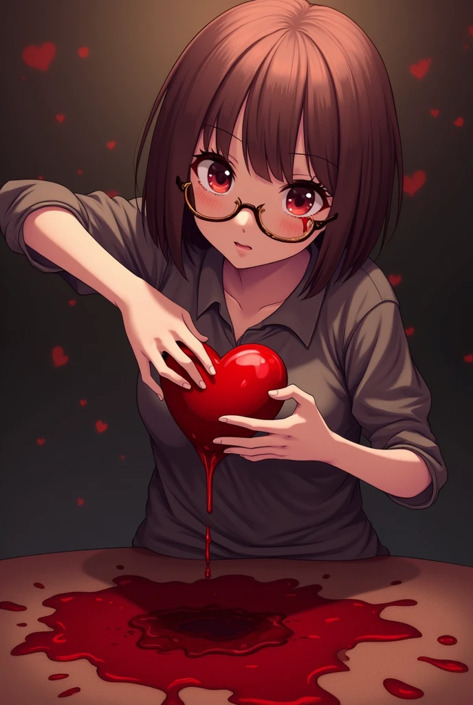(anime) Girl with short hair,chestnut, glasses, taking out his heart full of blood and giving it to a boy, the floor in a pool of blood , showing that in this way he is giving his love, anime, dark illustration, masochism