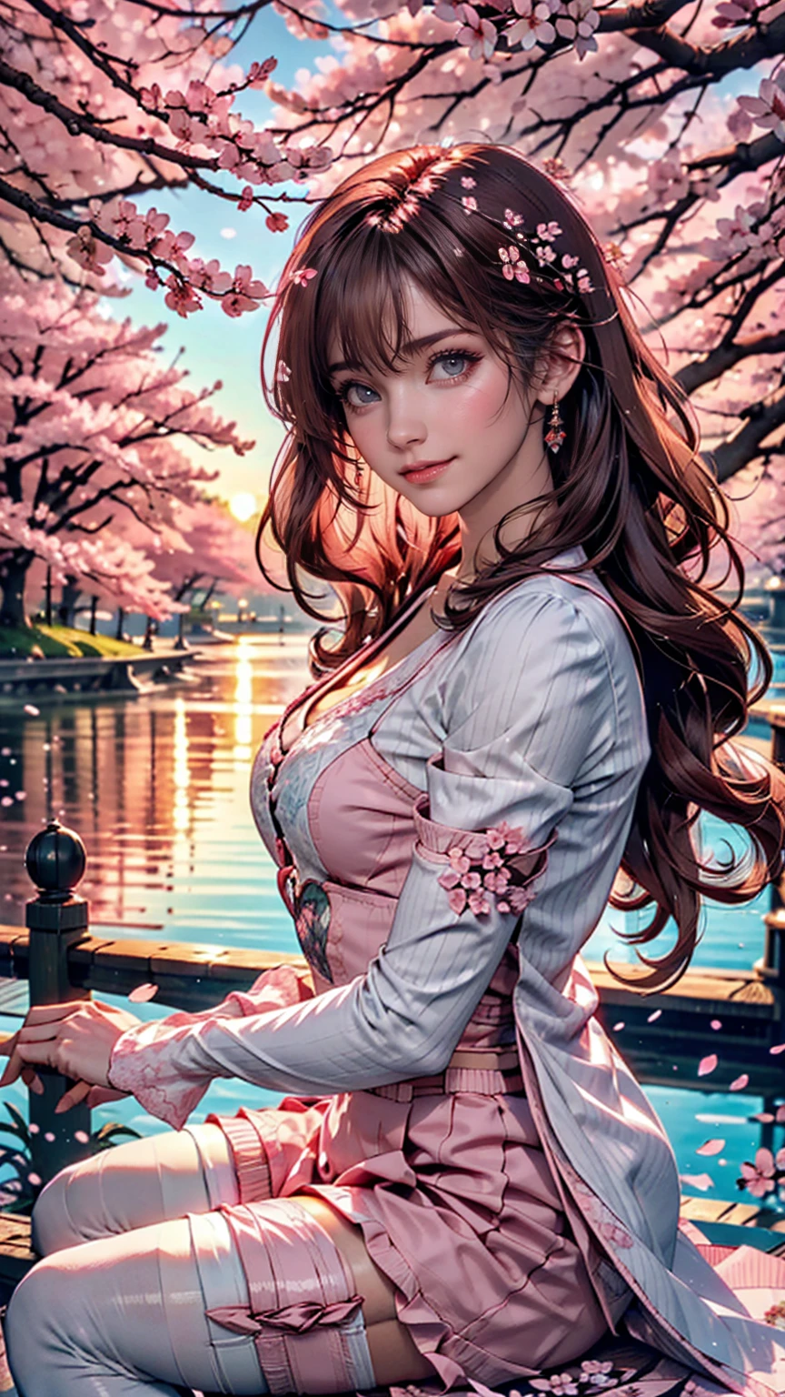 Sakura, Upper Body, smile, blush, Sitting, ((cherry blossoms)), ((Pink sleeves)), Pink Tone, ((Pink Stockings)), Pink Sky, sunset, lake, reflection