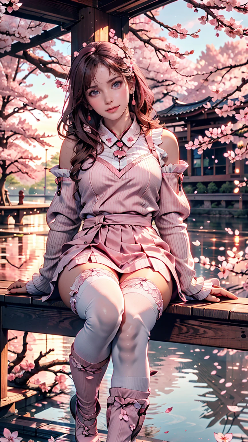Sakura, Upper Body, smile, blush, Sitting, ((cherry blossoms)), ((Pink sleeves)), Pink Tone, ((Pink Stockings)), Pink Sky, sunset, lake, reflection